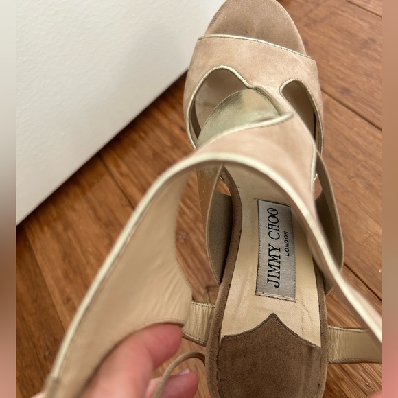 Authentic Jimmy Choo suede taupe & metallic block heels - Picture 2 of 5